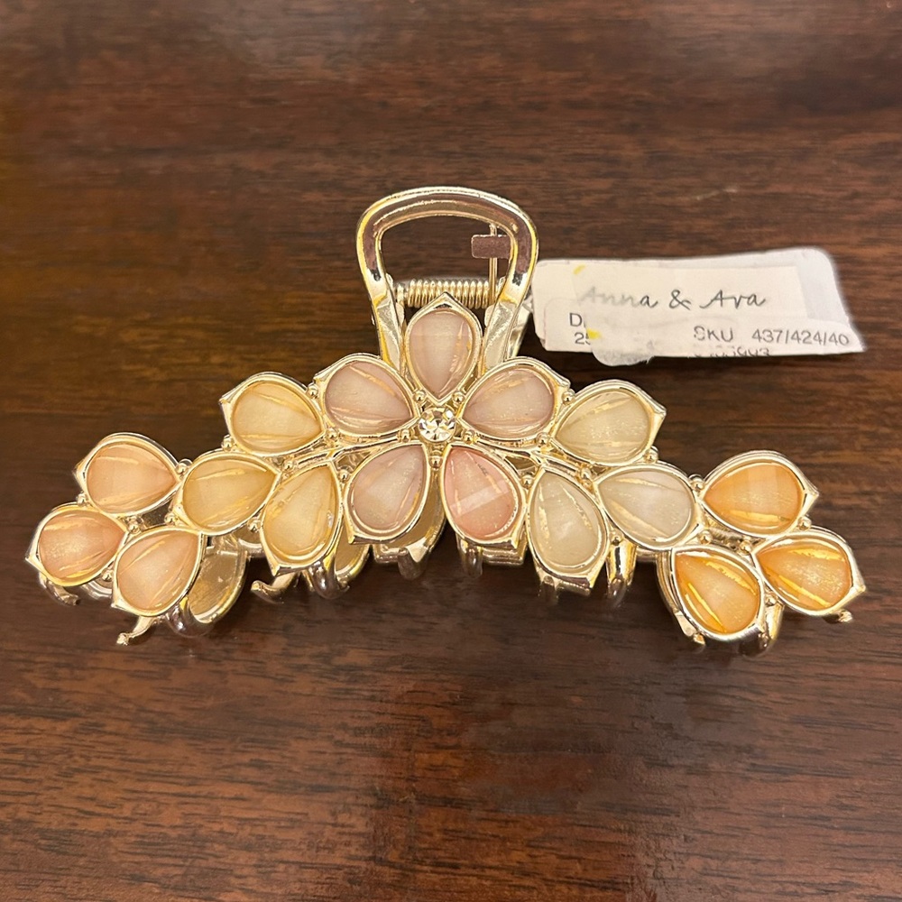 Anna & Ava Gold Metal Floral Hair Clip w/Rhinestone Accents NWT